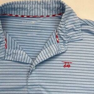 Bald Head Blues Mens Large Blue Striped Performance Golf Polo Shirt Gingham Trim